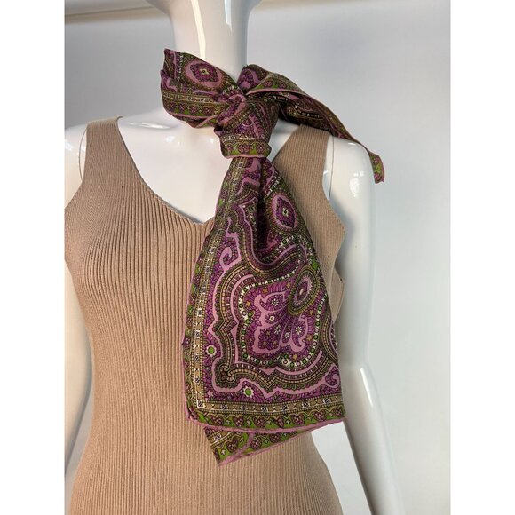 Vintage Silk Scarf With Paisley Print In Pink & Green - Picture 8 of 16